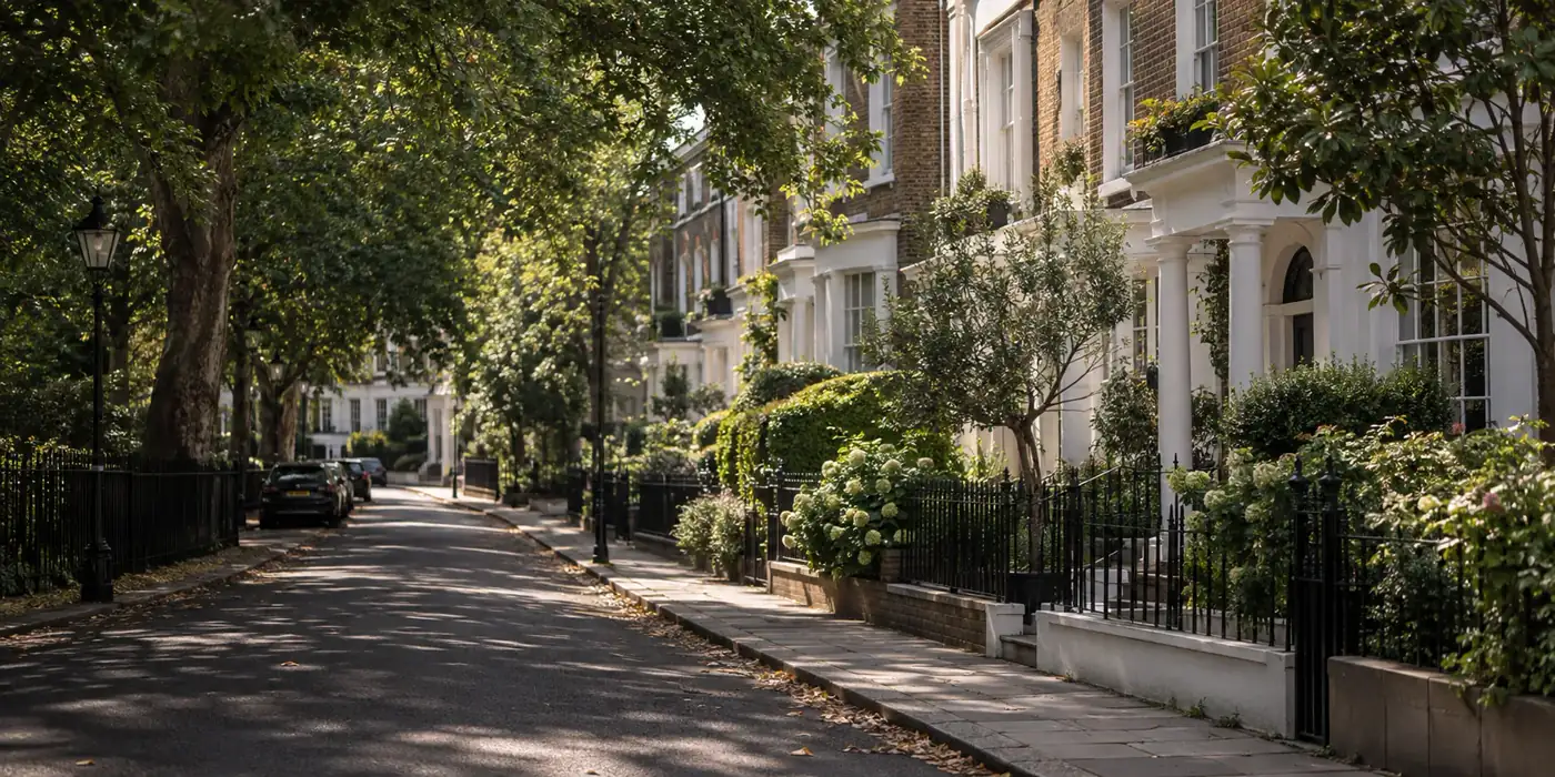 Residential street with period homes and mature trees in Canonbury, London N1