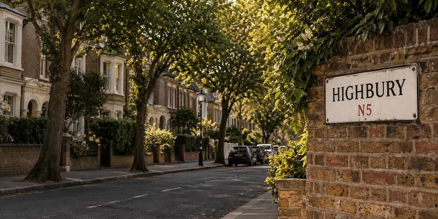 Leafy residential street in Highbury with a Highbury N5 sign