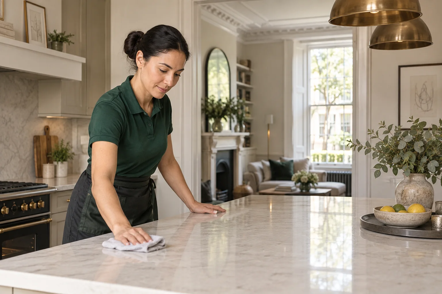 Professional cleaner caring for an Islington kitchen