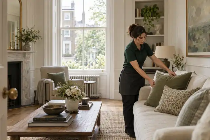 Professional cleaner working in a bright Islington home