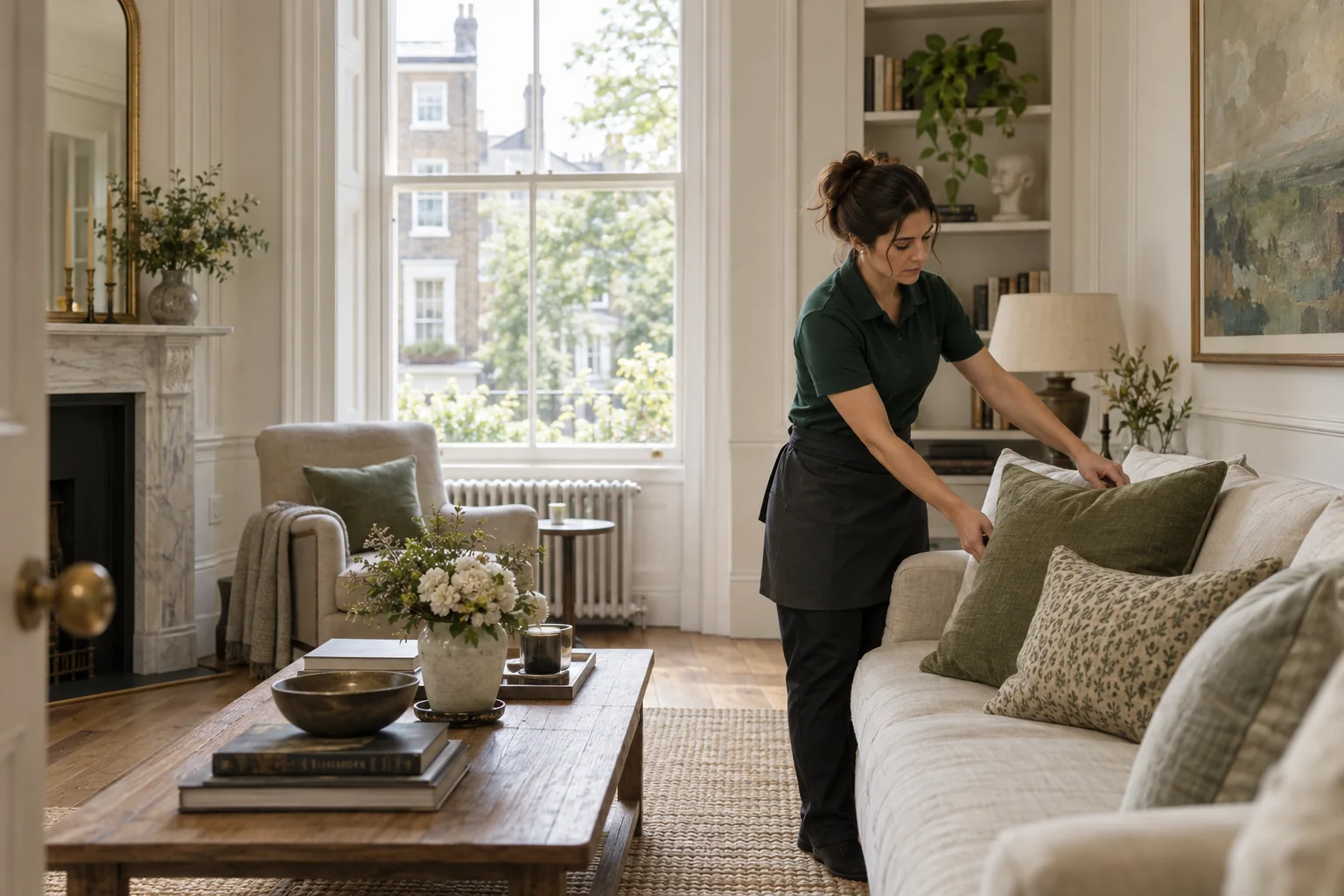 Professional cleaner working in a bright Islington home