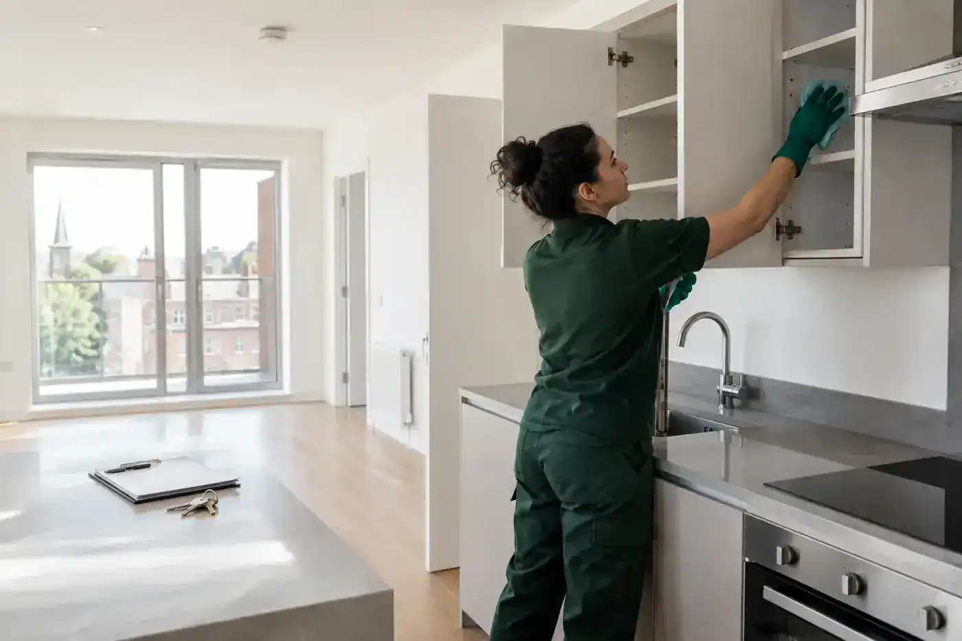 Cleaner preparing an empty Islington kitchen for a tenancy handover
