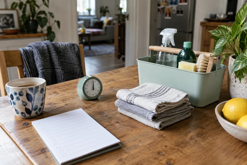Room-priority note beside folded cloths and a compact cleaning caddy