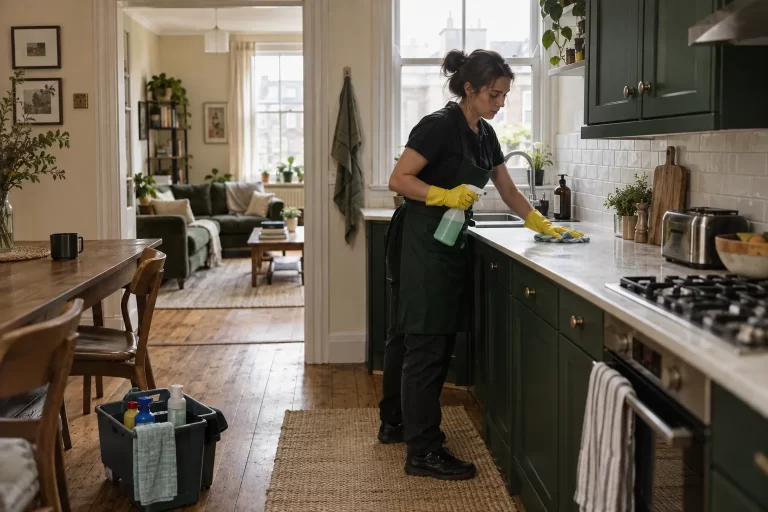 Cleaner beginning work in the kitchen of a lived-in London flat