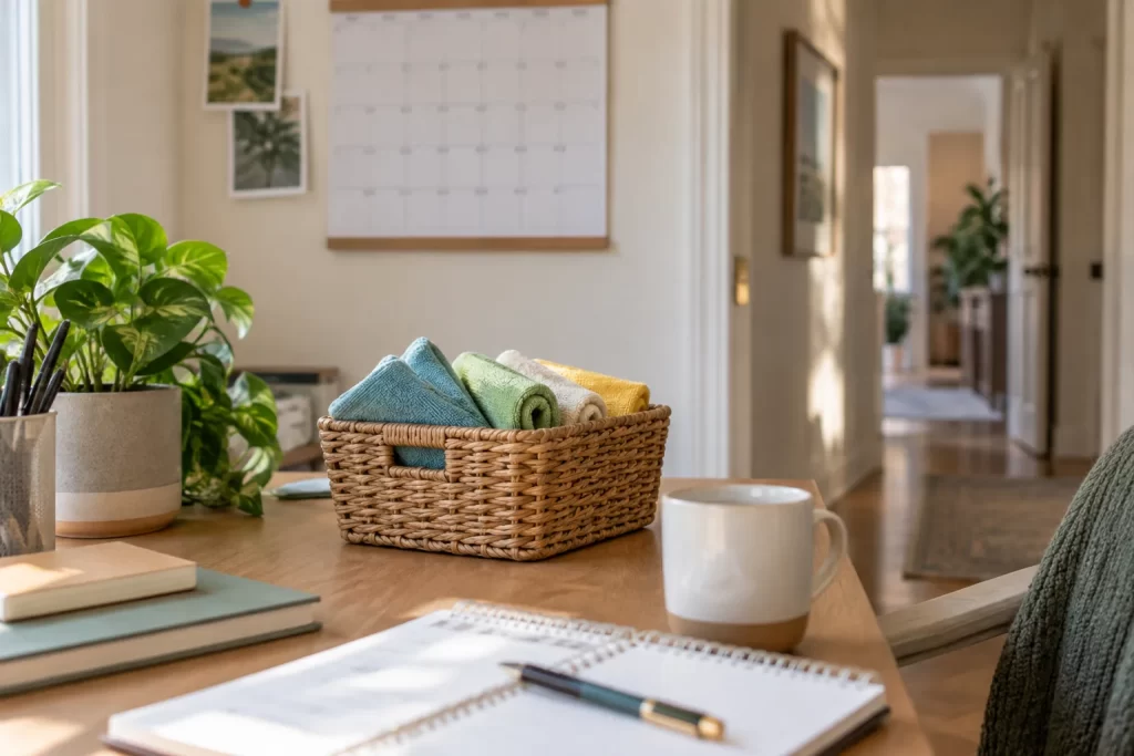 Home calendar and cleaning basket used to plan rotating room tasks