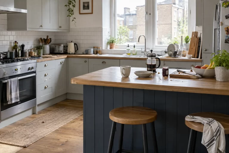 Family kitchen showing ordinary signs of use between cleaning visits