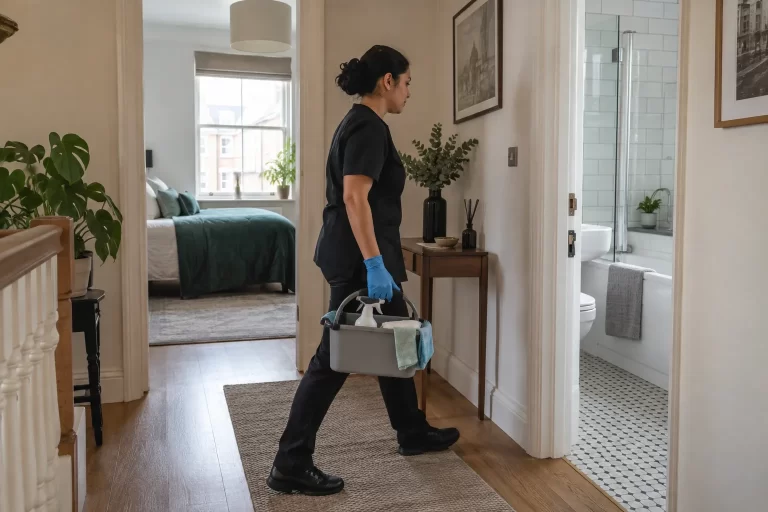 Cleaner moving between rooms during a regular home-cleaning visit