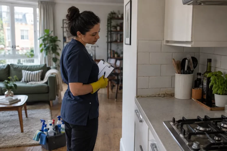 Cleaner assessing maintained and built-up areas in a lived-in home