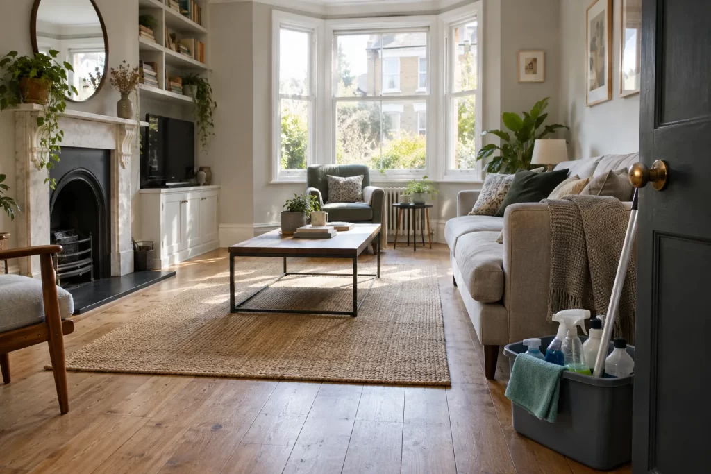 Lived-in sitting room prepared with clear access for a one-off clean