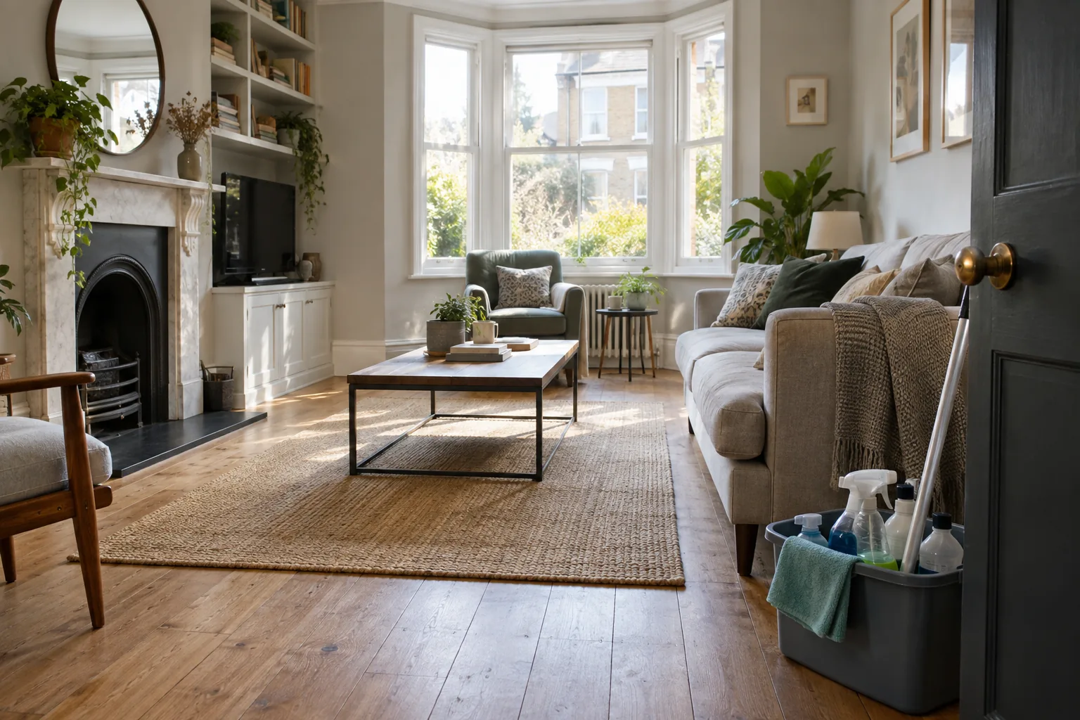 Lived-in sitting room prepared with clear access for a one-off clean