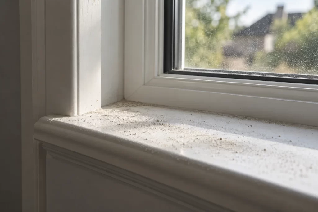 Fine construction dust visible on a finished interior window sill