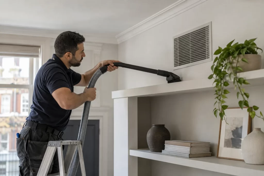 High ledge being vacuumed carefully after renovation work