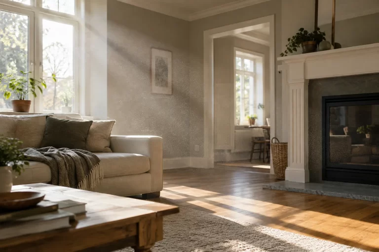 Sunlight revealing fine residual dust in a renovated living room