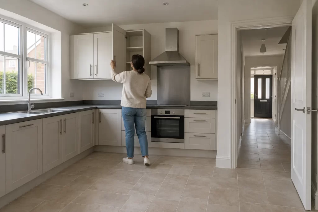 Empty kitchen being checked after removal boxes have left