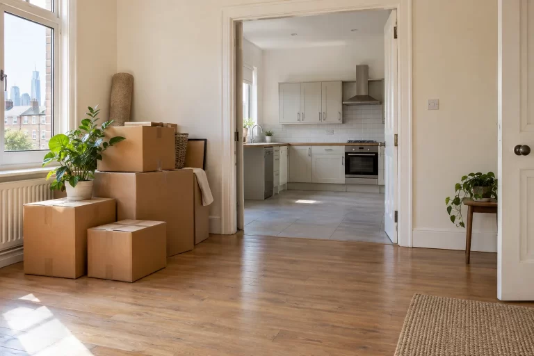 Moving boxes kept beside a clear route into an empty kitchen