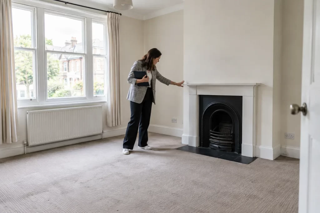 Empty rental room being inspected in normal daylight