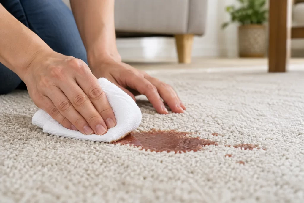 Clean white cloth blotting a carpet spill from the outer edge