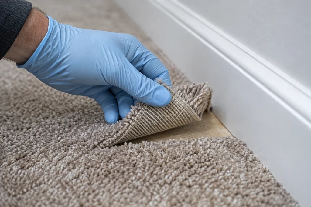 Carpet pile and backing being checked at an unobtrusive edge