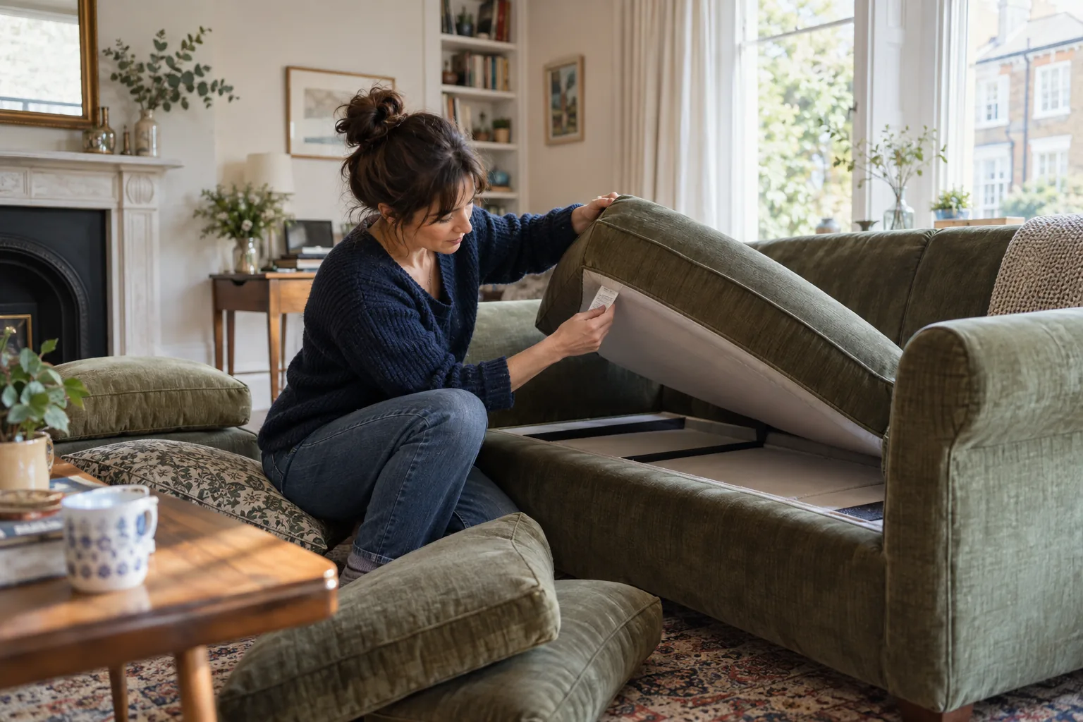 Sofa cushions removed carefully for fabric and construction inspection