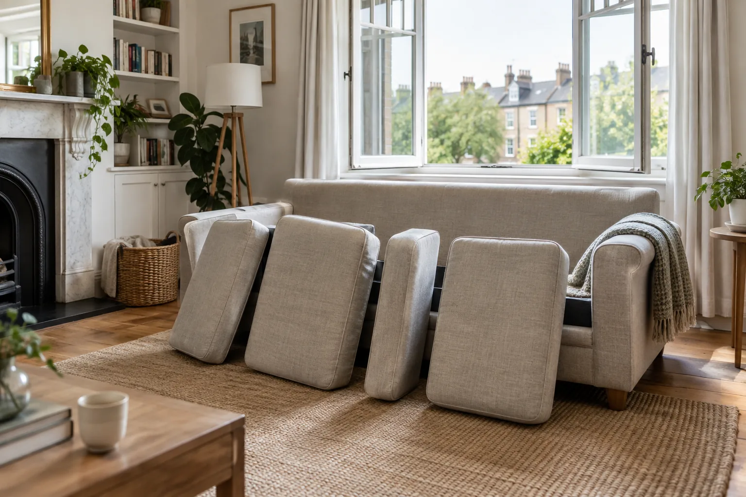 Sofa cushions spaced upright for airflow in a bright living room