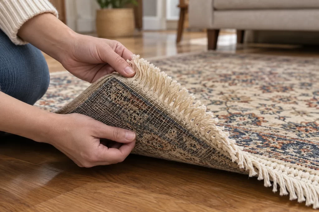 Rug fringe and backing being inspected carefully at one corner
