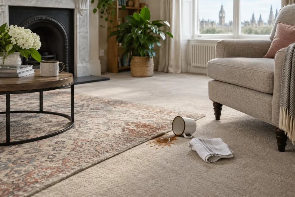 Carpet, area rug and upholstered chair shown in one living room