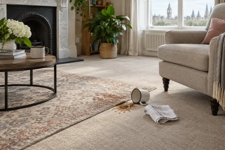 Carpet, area rug and upholstered chair shown in one living room