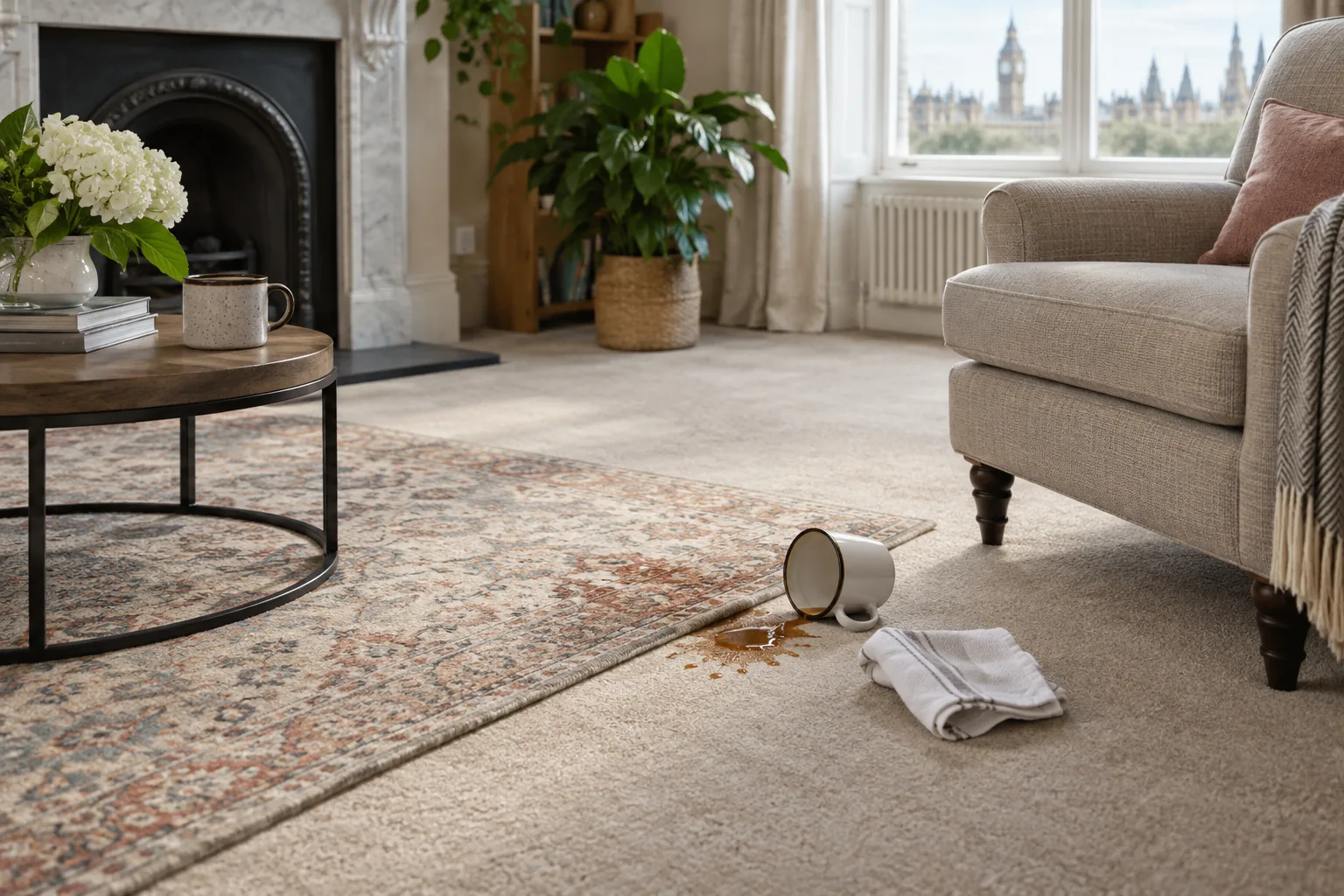 Carpet, area rug and upholstered chair shown in one living room