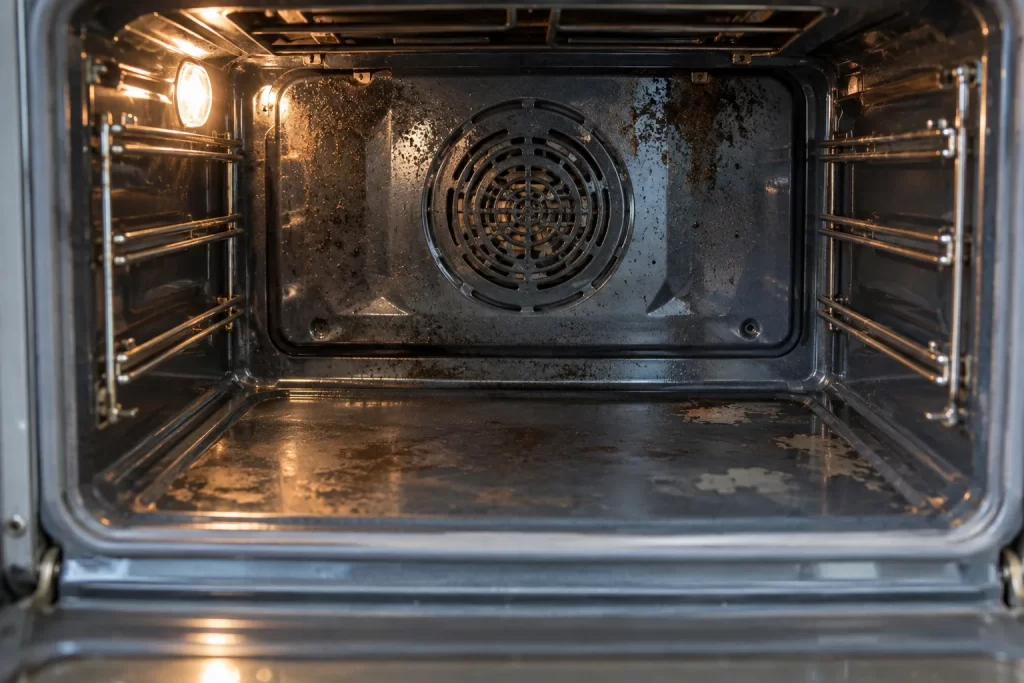 Used oven interior showing baked-on residue and ordinary enamel wear