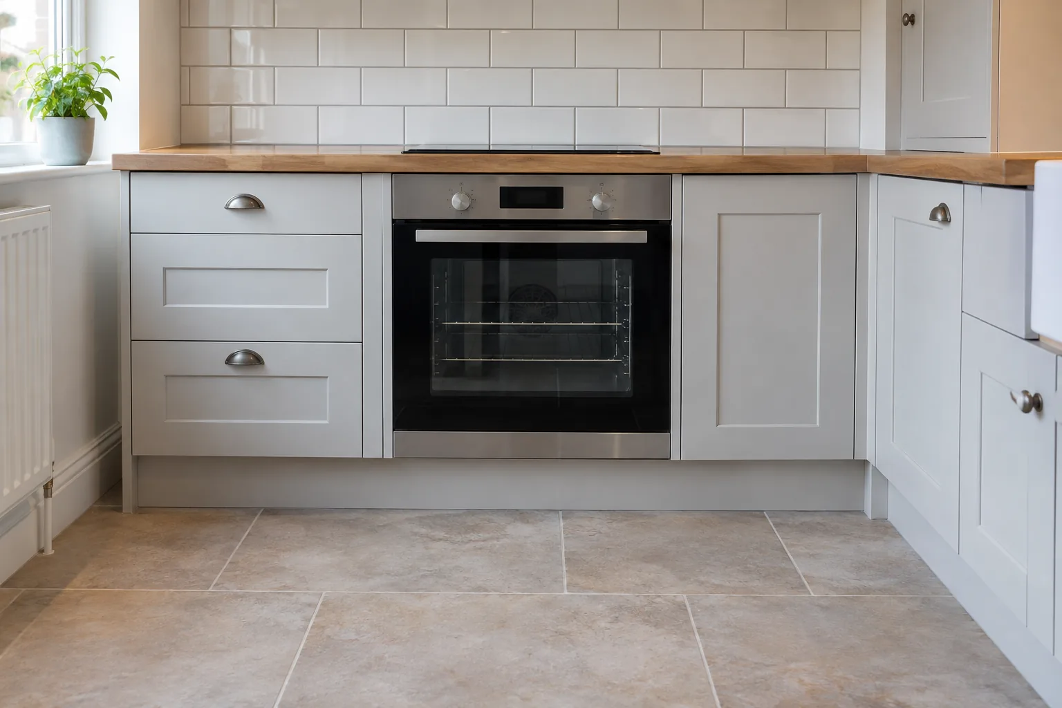 Switched-off oven with the surrounding kitchen area cleared