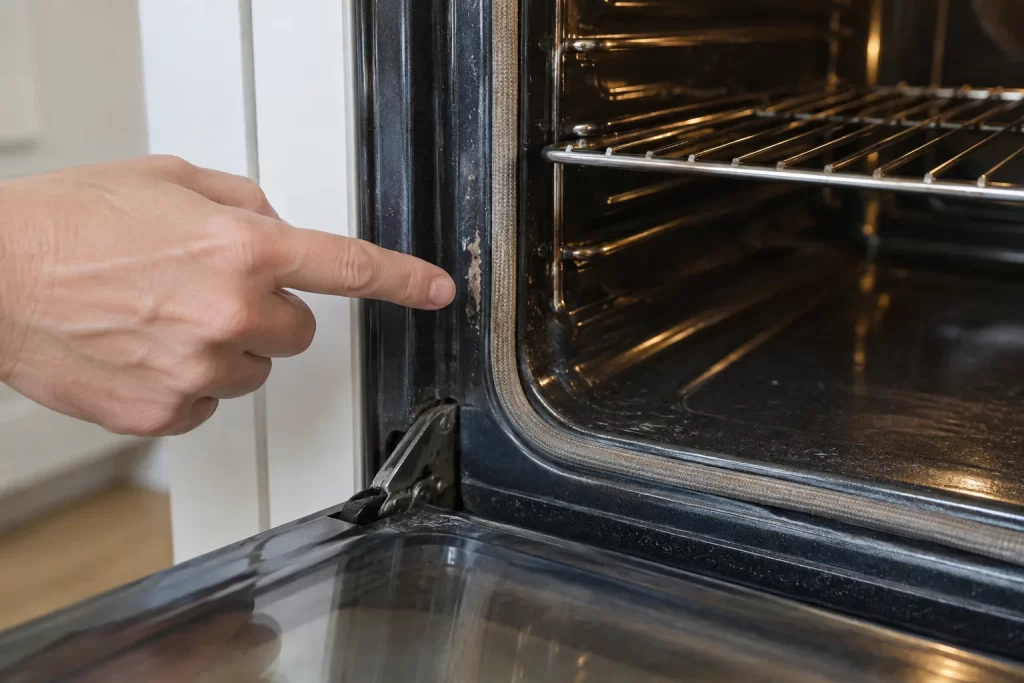 Oven enamel edge and door seal being inspected under neutral light