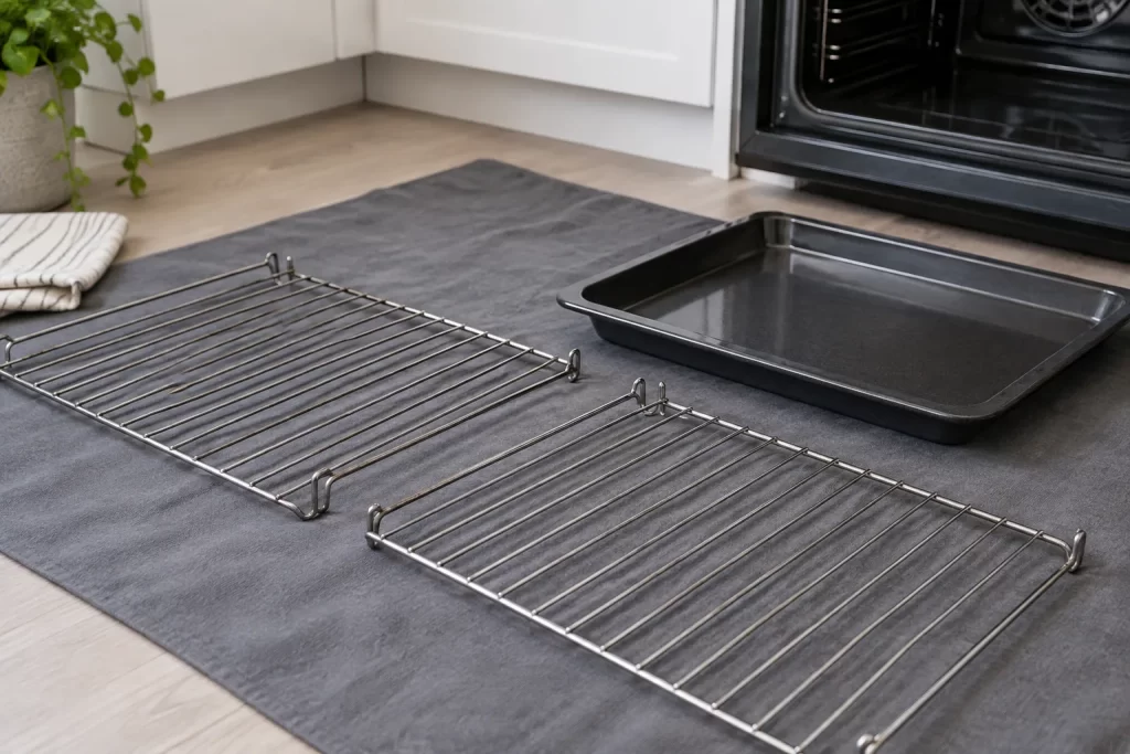 Removable oven racks laid safely on a protected kitchen floor