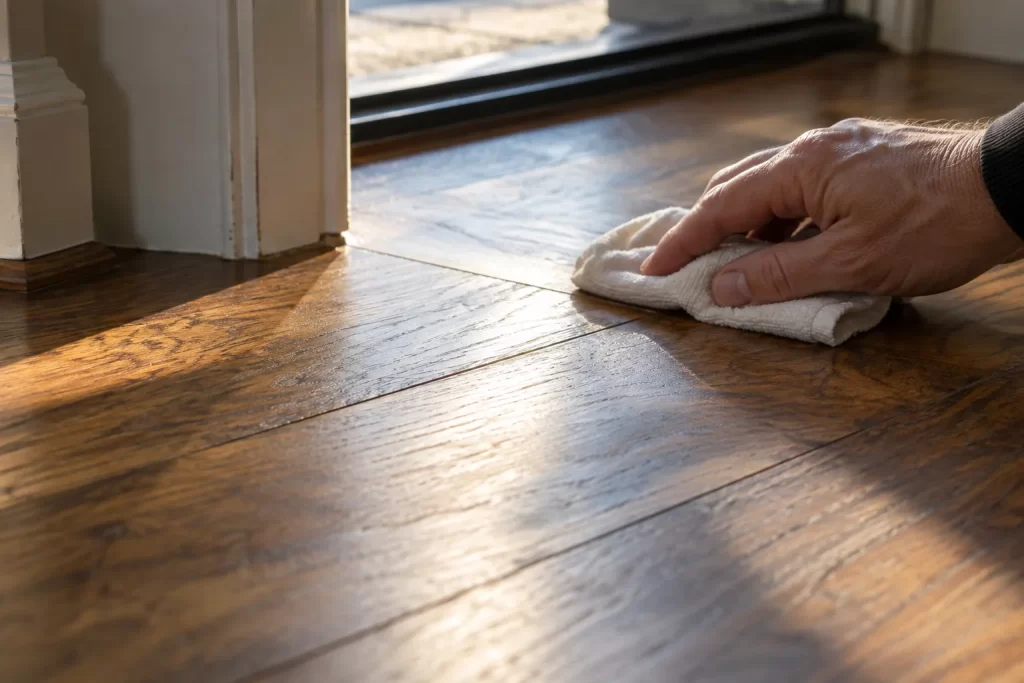 Floor joints and surface finish being inspected in angled daylight