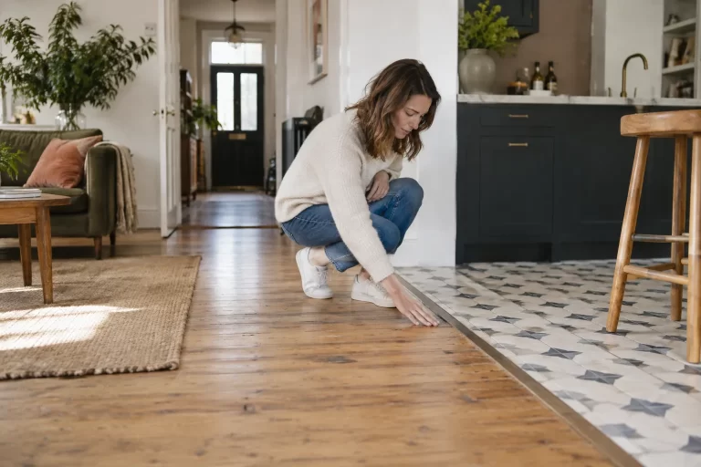 Timber and tile floor materials meeting in a lived-in home