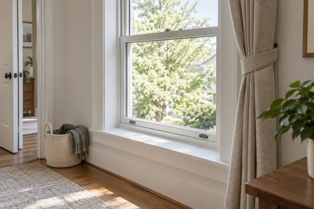 Cleared window sill and unobstructed interior access route