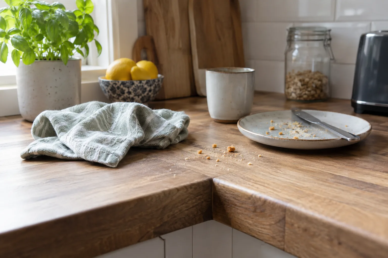 Folded cloth on a wooden kitchen worktop beside a plate and jars