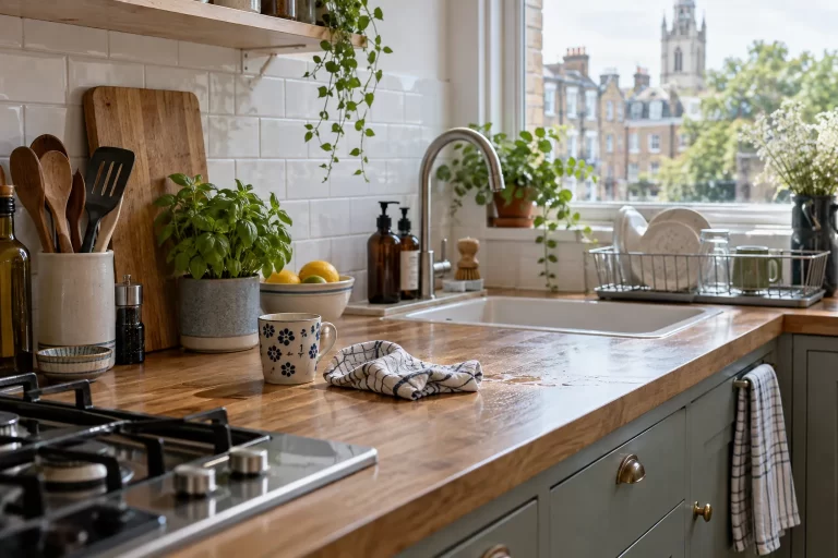 Sunlit kitchen worktop, hob and sink prepared for everyday cleaning