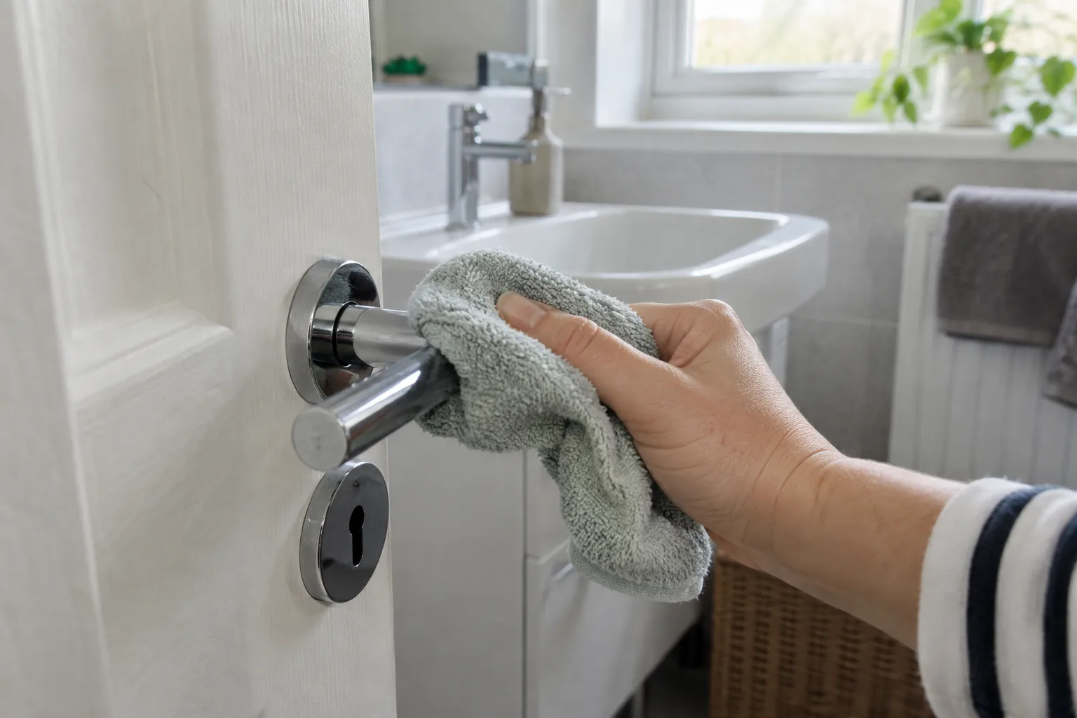 Hand wiping a chrome shower control with a soft cloth