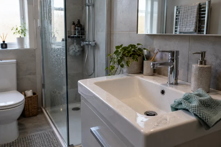 Bathroom basin and shower with a cloth ready for cleaning