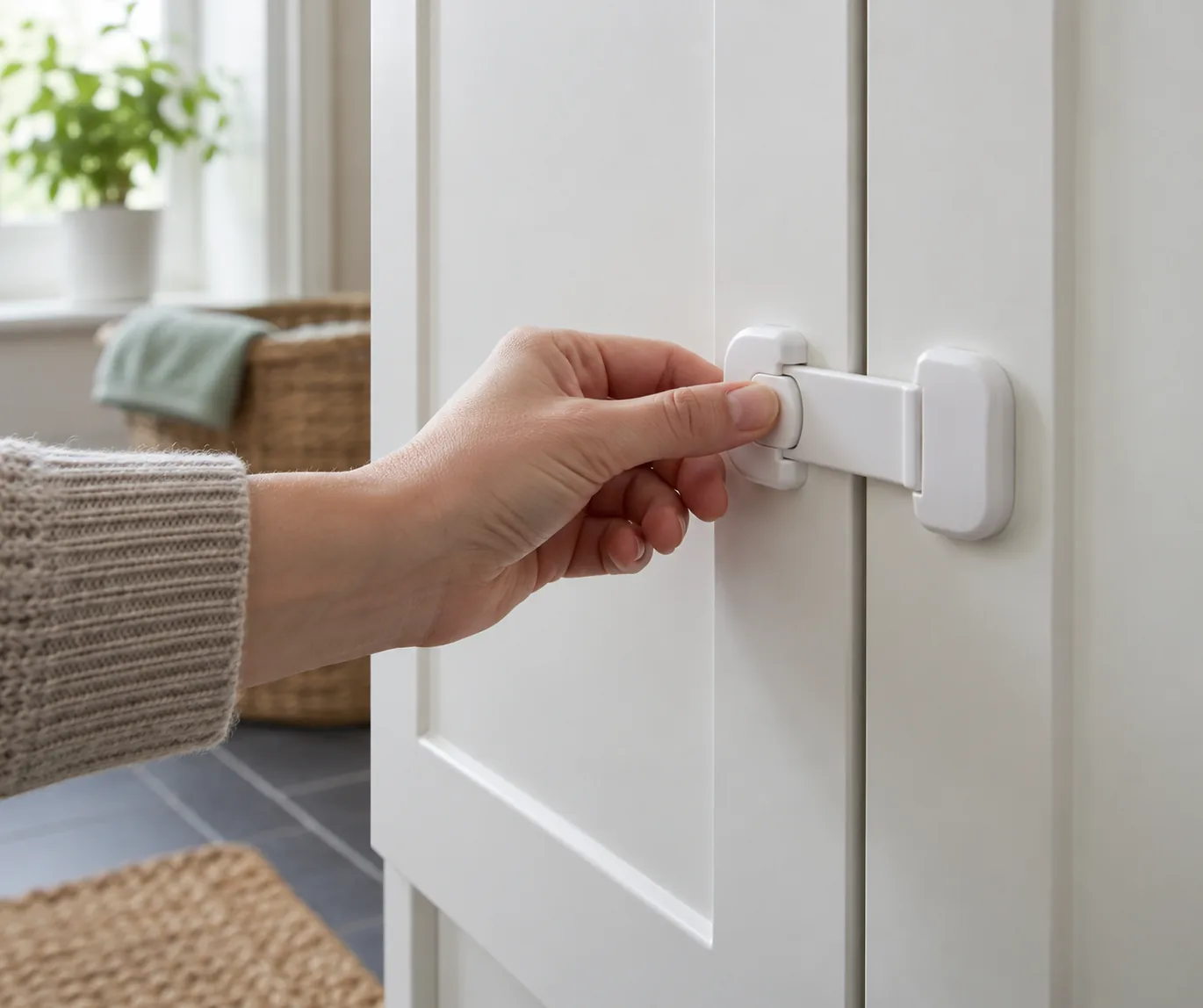 Hand fastening the child safety latch on a white cupboard door