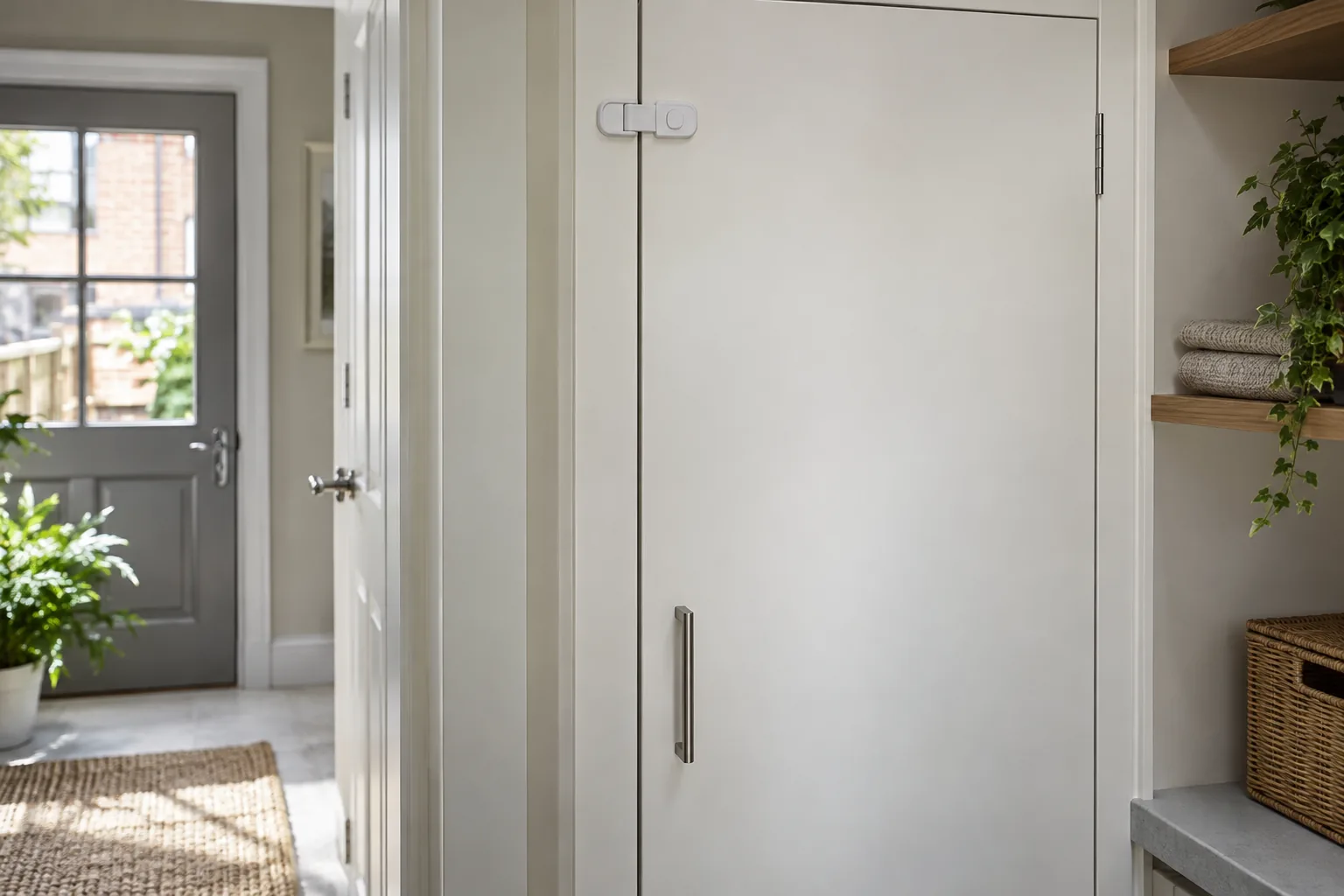 Closed white storage cupboard secured with a child safety latch