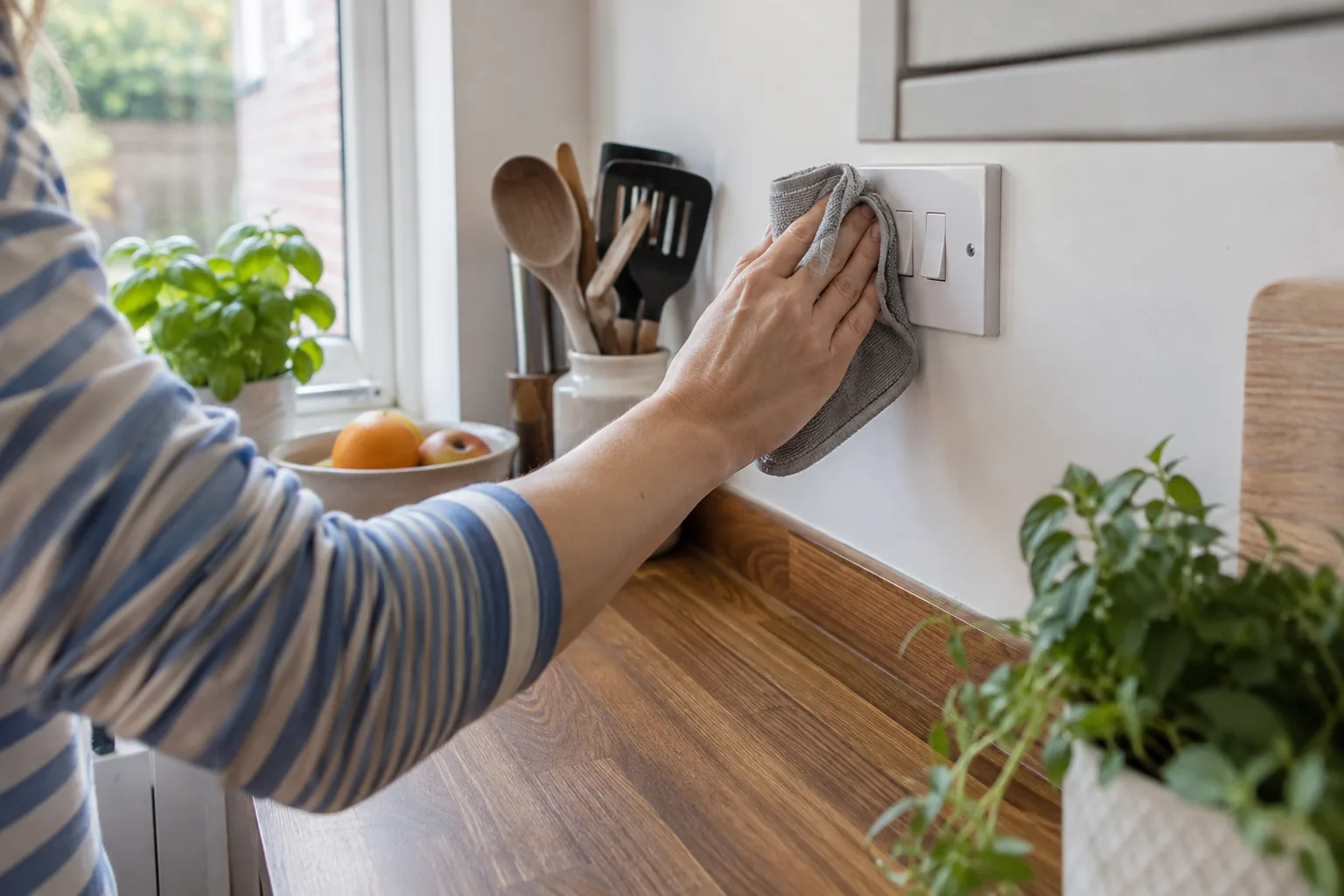 Hand wiping a kitchen light switch with a cloth