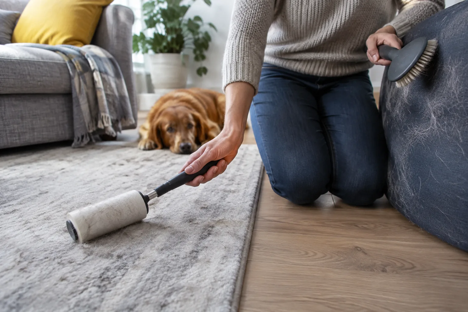 Lint roller and upholstery brush lifting dog hair from rug and sofa
