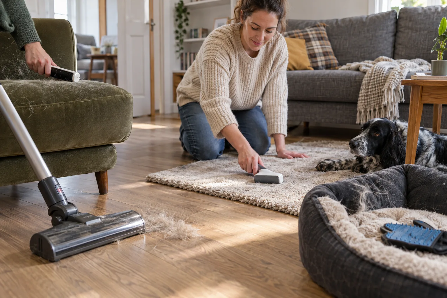 Woman removing pet hair from a rug beside a dog and upholstered furniture
