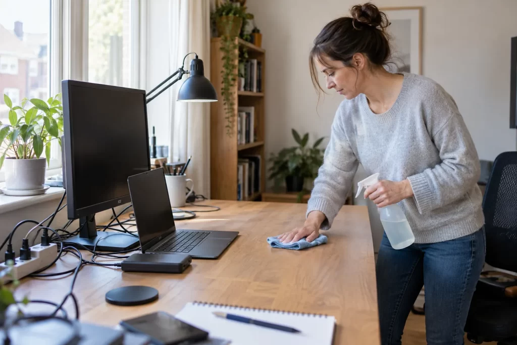 Woman wiping a home office desk beside a computer monitor
